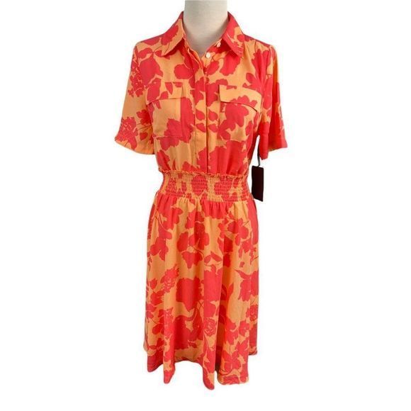 NWT HALOGEN X ATLANTIC-PACIFIC Orange Pink Floral‎ Smocked Utility Dress Coral - Picture 10 of 10